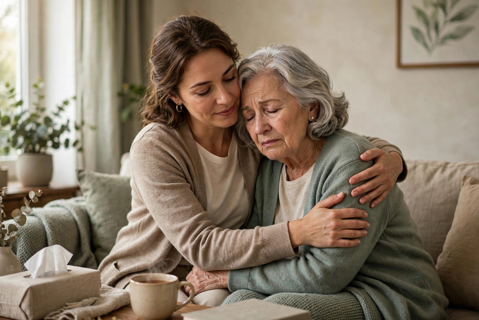 Companion sitting with a grieving senior