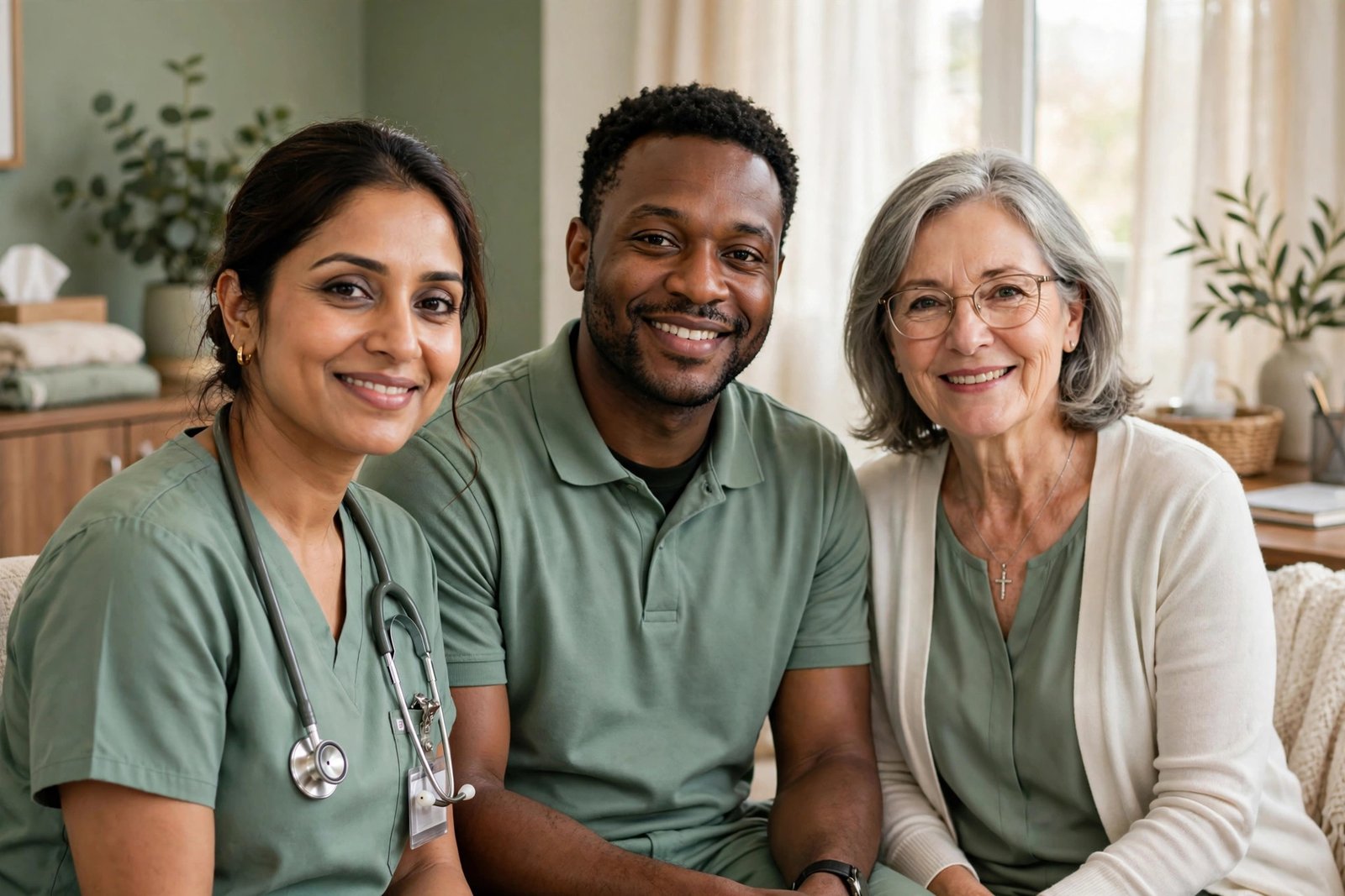 Family talking together with care team