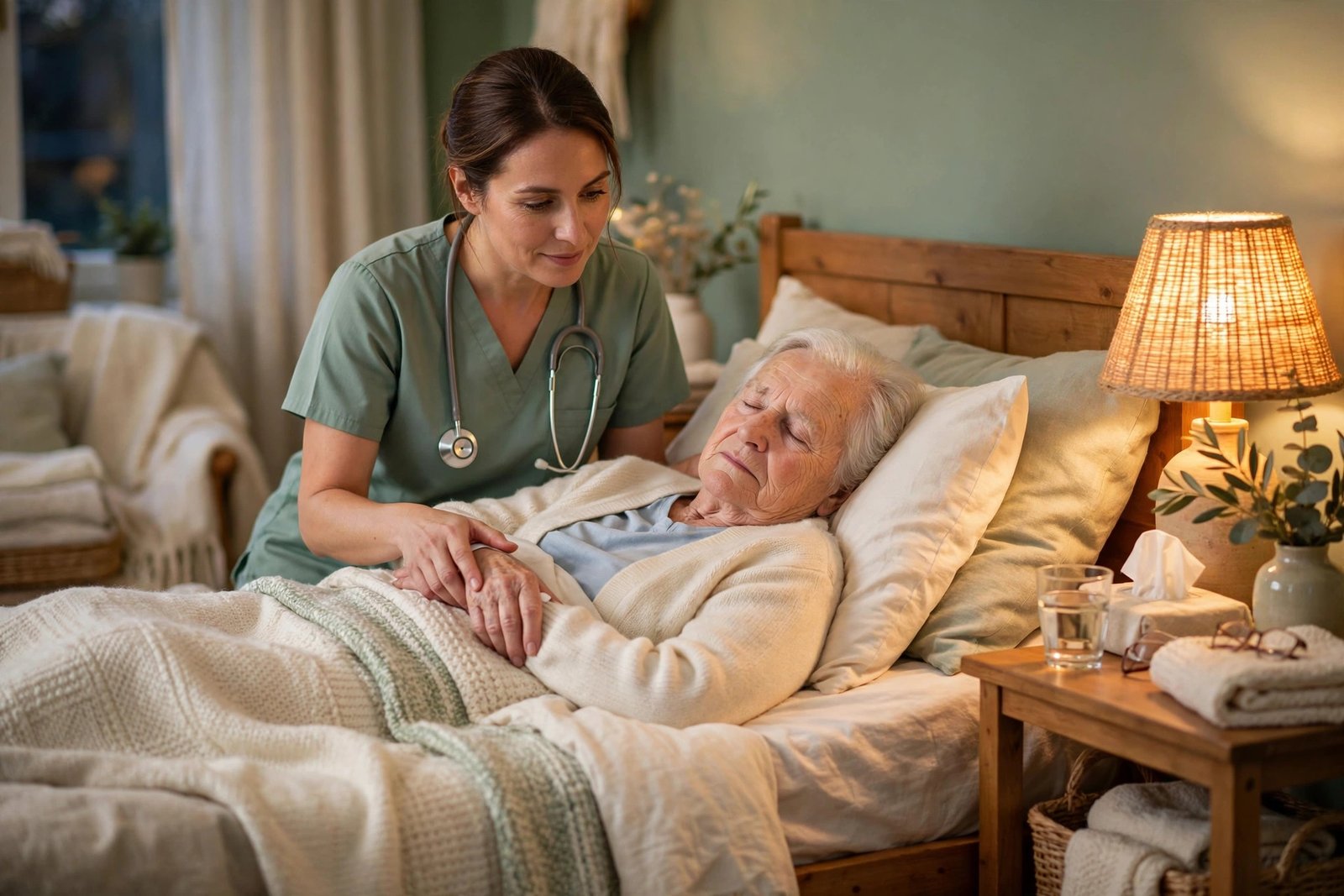 Nurse holding a patient's hands
